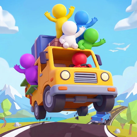 Colorful key art for a parking puzzle game with a yellow truck and passengers.